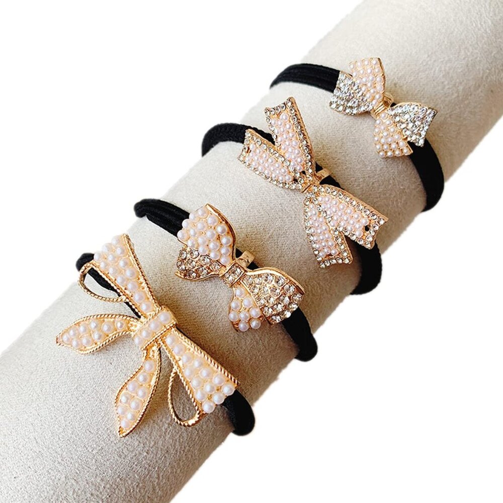 4Pcs Elegant Pearl Rhinestone Hair Bow Ties Hair Scrunchies Stretch Hair Ropes A